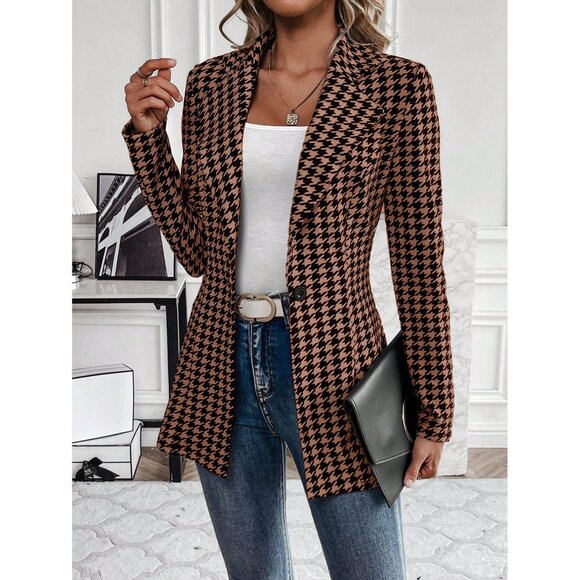 Houndstooth lapel collar single button blazer jacket black white - Picture 3 of 4